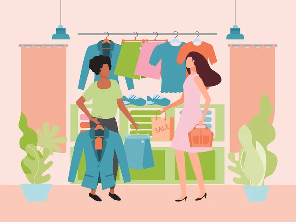Asystent sklep wektor ilustracja, płaska kreskówka kobieta personel postać pomóc dziewczyna kupujących ubrania w sklepie, centrum handlowe, butik — Wektor stockowy