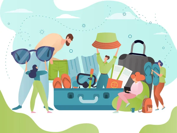 Mala de viagem, conceito de viagem vetor ilustração, desenhos animados plana pessoas minúsculas bagagem saco de embalagem para viagem de verão aventura, férias na praia — Vetor de Stock