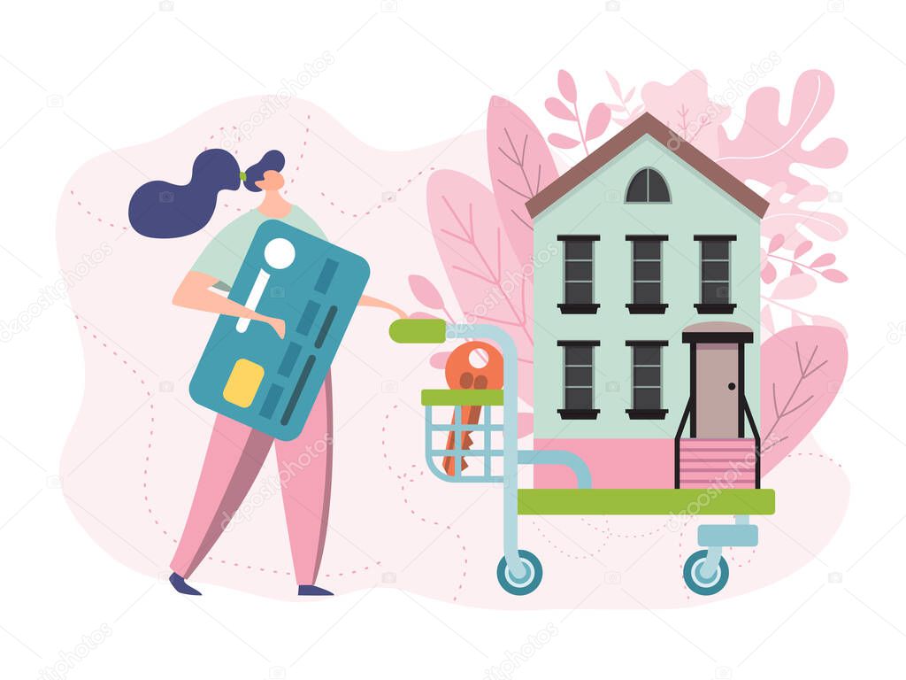Buy new home vector illustration, flat tiny cartoon woman owner character pushing shopping cart with house, buyers people buying apartment