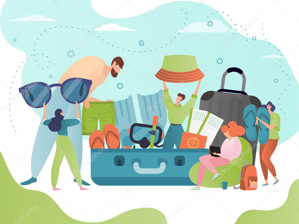 Suitcase pack, travel concept vector illustration, cartoon flat tiny people packing bag luggage for summer trip adventure, beach holiday
