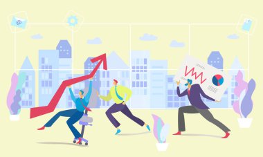 Sandalyenin üzerinde grafik oku tutan iş adamı çizelgesi çizimi. İş adamı pankart üzerinde diyagramla koşar.