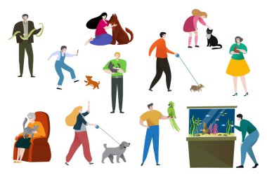 İnsanlar hayvan sahibi vektör illüstrasyonu, çizgi film düz mutlu kadın karakteri, kendi hayvanlarıyla oynuyor, beyaz hayvanlara izole edilmiş evcil hayvanları seviyor.