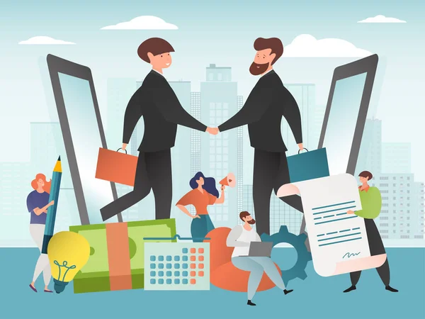 ビジネス契約のベクトル図。ビジネスマンは握手をする。パートナーシップの概念として握手。署名付き文書. — ストックベクタ