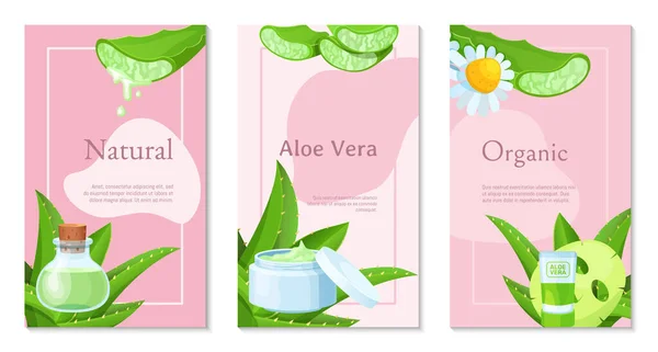 Aloe vera cosmetics poster, vertical banner template on pink background for cosmetic natural beauty product. Vector illustration. — Stock Vector