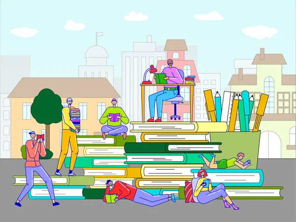 Buchlesekonzept Vektorillustration mit Cartoon-Charakter-Lesern im Umriss-Stil. Junge Leute lesen Literatur. — Stockvektor