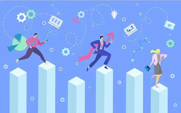 Geschäftskonzeptvektorillustration mit Geschäftsfrau und Geschäftsfrau, die auf Balkendiagramm stehen. Finanzdiagramm mit Pfeil. — Stockvektor