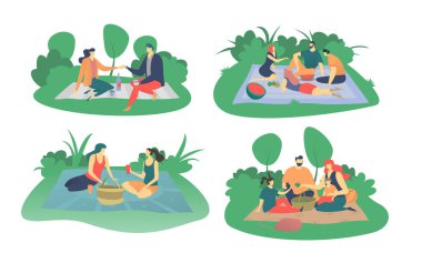 İnsanlar parkta piknik yapıyor, vektör çizimleri beyaz, aile ya da arkadaşlar piknikte yiyip içiyorlar, düz bir şekilde..