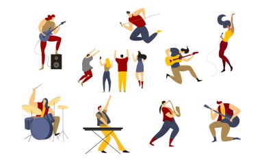 Rock grubu vektör illüstrasyonu, çizgi film rockçısı, erkek kadın şarkıcı canlı müzik konseri sahnesinde beyazlar içinde izole edilmiş.