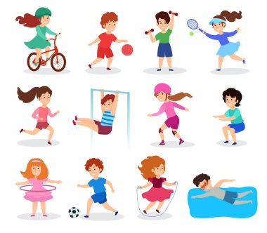 Çocuklar spor yapıyor, vektör çizimi, düz stil. Beyaz tenli çocuk karakterler, farklı sporlar, fiziksel aktiviteler ve oyunlar yapıyorlar. Erkekler ve kızlar için spor bölümleri