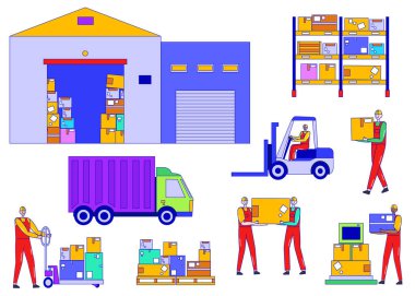 Depo çalışanları vektör illüstrasyonu, çizgi film karakteri lojistik dağıtım servisi, fabrika depolama seti beyaz üzerine izole