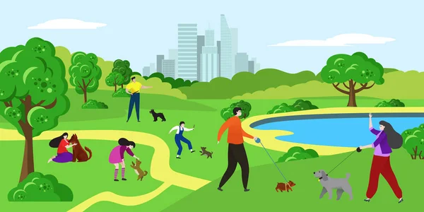 Emberek kisállat kutya a parkban vektor illusztráció, rajzfilm lapos boldog nő férfi kisállat tulajdonos karakterek séta, játszani kutyával együtt — Stock Vector