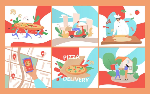 Ilustração do vetor da entrega da pizza, serviço de fast food liso dos desenhos animados, ordem em linha, cozinhando e expresso o jogo home da bandeira do fastfood da entrega — Vetor de Stock