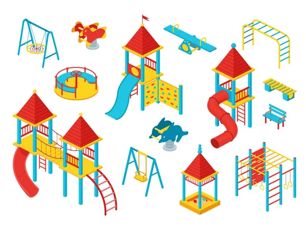 Kids playground isometric set, vector illustration isolated on white, play space constructor for children with slides, playhouses and swings. — Stock Vector