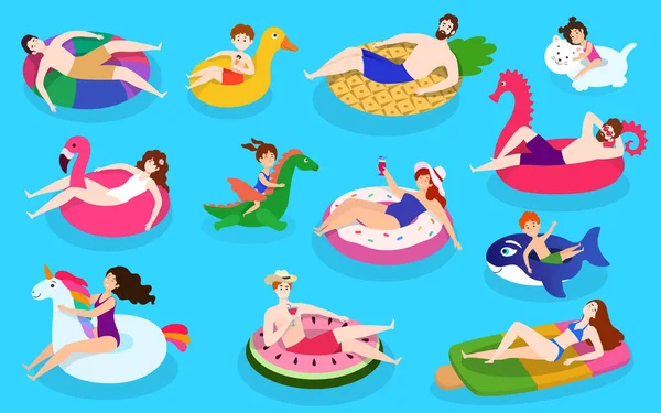 As pessoas nadam piscina anéis de borracha coloridos, ilustração vetorial com personagens isolados com anéis engraçados de natação de borracha, estilo plano . — Vetor de Stock
