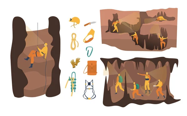 Barlang barlangászat vektor illusztráció, rajzfilm aktív barlangkutató karakter kaland, az emberek mászás, abseiling készlet elszigetelt fehér — Stock Vector