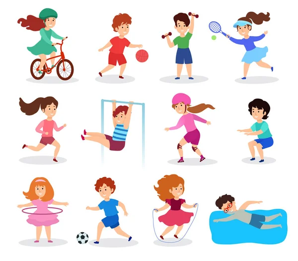 Děti dělají sport, vektorové ilustrace, plochý styl. Dětské postavy, izolované na bílém, praktikující různé sporty, fyzické aktivity a hraní. Sportovní sekce pro chlapce a dívky — Stockový vektor