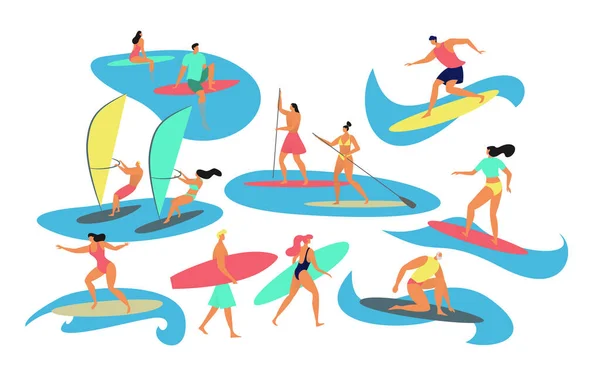 Pessoas que navegam, windsurf, ilustração vetorial, estilo plano, surfistas personagens isolados em branco, esporte aquático extremo . —  Vetores de Stock