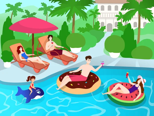 Festa de piscina para familiares e amigos no resort villa de luxo, ilustração vetor de férias de verão —  Vetores de Stock