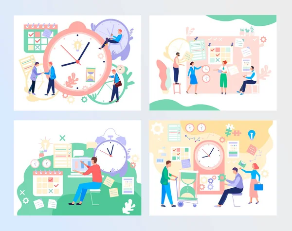 Tijdmanagement, vector illustratie met mensen, tijdschema en wekker voor zakelijke projecten, opstarten en effectieve manager, flat style. — Stockvector
