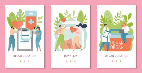 Banner de doação ilustração do vetor do cartão. Pessoas a doar sangue, órgãos humanos. Doar e ajudar os outros, caridade e conceito de cuidado . — Vetor de Stock