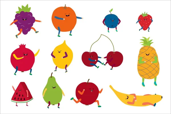 Desenhos animados bonito fruto vetor ilustração, feliz engraçado kawaii saudável personagem de comida com sorriso, frutas doces ícones conjunto isolado no branco — Vetor de Stock