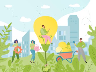 Fikir üretimi iş konsepti vektör çizimi. İnsanlar karikatür karakterleri ideal çözümler üretirler. Ampullü bahçe.