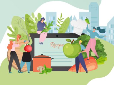 Sağlıklı tarif vektör çizimi. İnsanlar karikatür karakterleri organik malzemelerden yemek pişirir. Yemek kitabıyla yemek hazırlama.