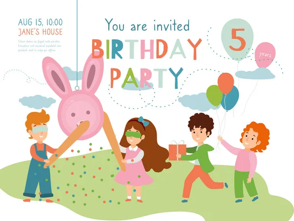 Child birthday party invitation vector illustration. Birth celebration in childhood. Children cartoon characters play pinata. — Stock Vector