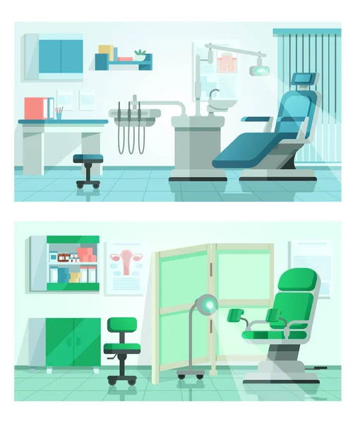 치과용 사무실용 벡터 삽화, 병원 내부의 만화 치과 의자, 의료 장비, 치과용 의료용 상륙 페이지 세트 — 스톡 벡터