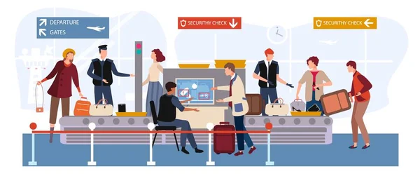 Lidé v letištní vektorové ilustrace, kreslené plochý muž žena cestovní znaky s zavazadly procházející skenerem a bezpečnostní kontrolní stanoviště — Stockový vektor