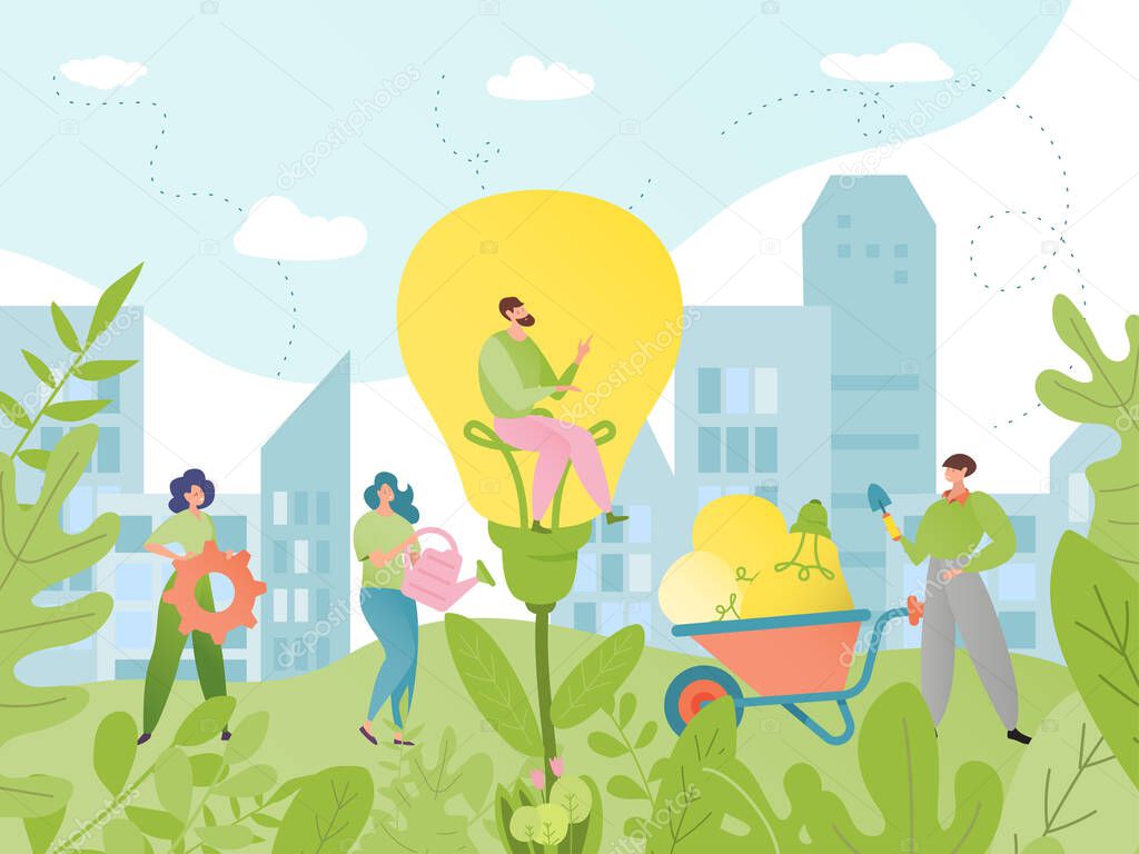 Idea generation business concept vector illustration. People cartoon characters ideally generate solutions. Garden with light bulb.