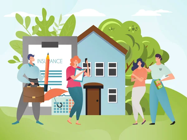 Husförsäkring vektor illustration. Familjen vill försäkra sitt hem. Fastighetsförsäkringsagent med teckningsavtal. — Stock vektor