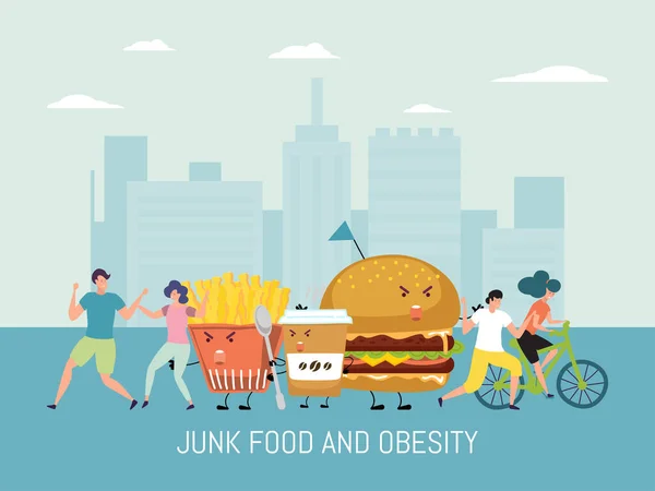 Szemét kaja, elhízás vektor illusztráció. Elhízott emberek rajzfilmfigurák menekülni egészségtelen gyorsétterem, hamburger, sült krumpli, kávé. — Stock Vector