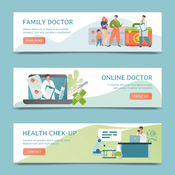 Medische ondersteuning banner vector illustratie. Geneeskunde, gezondheidszorg concept. Familie dokter online service. Geneesmiddelenbehandeling. — Stockvector