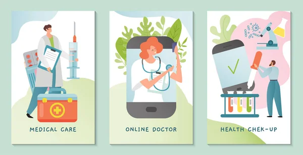 Cuidado médico banner vertical plantilla vector ilustración con medicamentos. Medicina, concepto de chequeo. Servicio médico en línea . — Vector de stock