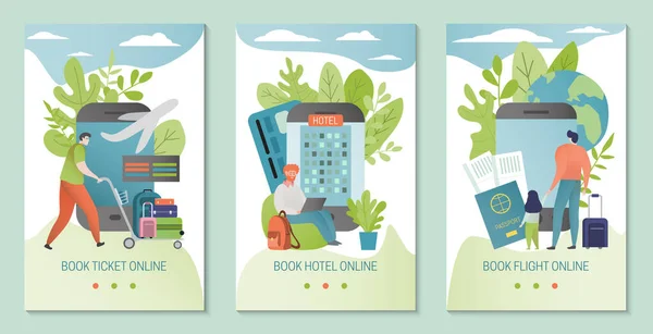 Online booking service vector illustration. Book hotel, flight banner template. Ticket booked through mobile application. — Stock Vector