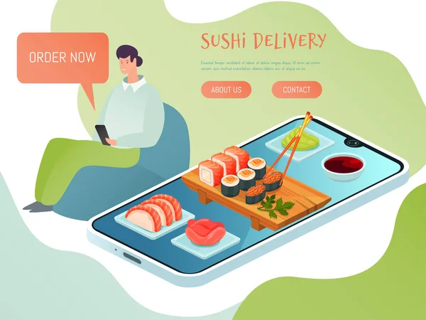 Sushi dodávka online servisní vektorové ilustrace. Izometrické doručení přistávací stránky, šablona webu. Restaurace dodává japonské jídlo. — Stockový vektor