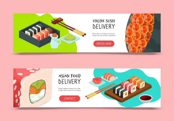 Εικονογράφηση φορέα παράδοσης Sushi. Παροχή online υπηρεσία banner πρότυπο σχεδιασμού. Εστιατόριο παραδίδει ιαπωνικά τρόφιμα. — Διανυσματικό Αρχείο