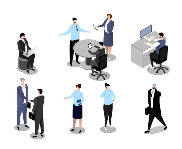 Isometrische zakenmensen vector illustratie, cartoon 3d man vrouw werknemer karakter in kantoor professioneel werk stelt geïsoleerd op wit — Stockvector