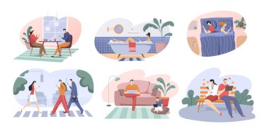 Gadget bağımlılığı, cihazları olan insanlar, cep telefonu ve dizüstü bilgisayar, vektör illüstrasyonu