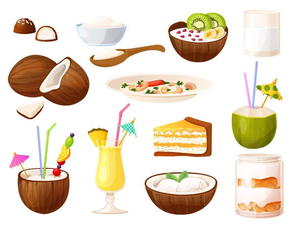 Kokosgerechten, geïsoleerde set van eten en drinken menu, tropische keuken, vector illustratie — Stockvector