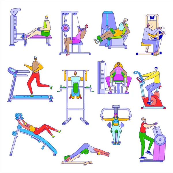 Las personas hacen ejercicio en el gimnasio, máquinas de entrenamiento para el entrenamiento, conjunto plano aislado en blanco, ilustración vectorial — Archivo Imágenes Vectoriales