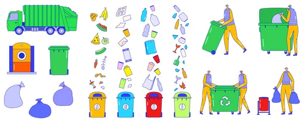 Service de collecte des ordures, tri des icônes poubelle, personnages de dessins animés plats, illustration vectorielle — Image vectorielle