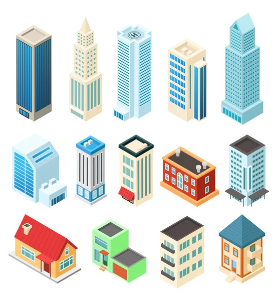 Bâtiments isométriques isolés sur blanc, gratte-ciel de bureau et maison d'habitation, illustration vectorielle — Image vectorielle