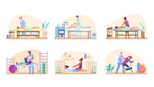 Conjunto de pessoas de massagem, procedimento relaxante no salão de beleza ou terapia de reabilitação, ilustração vetorial — Vetor de Stock