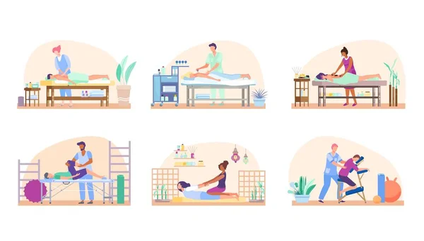 Ensemble de personnes massées, procédure relaxante dans un salon de beauté ou une thérapie de réadaptation, illustration vectorielle — Image vectorielle