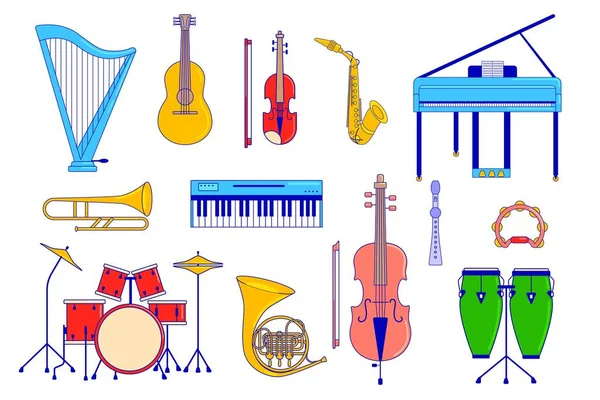Muziekinstrumentenset geïsoleerd op wit, gitaar, piano en drums in vlakke stijl, vectorillustratie — Stockvector