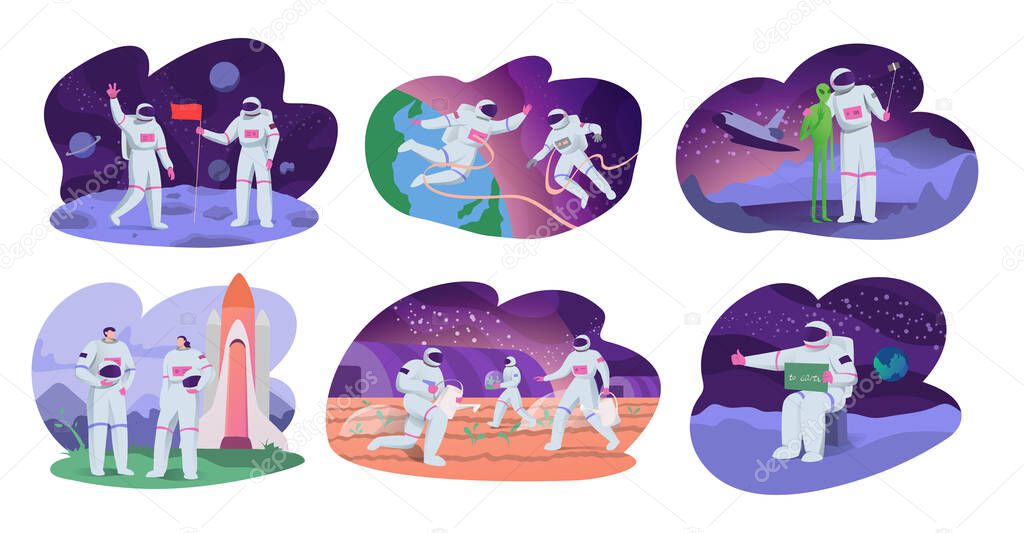 Astronaut in spacesuit, people cartoon characters exploring space, funny set vector illustration