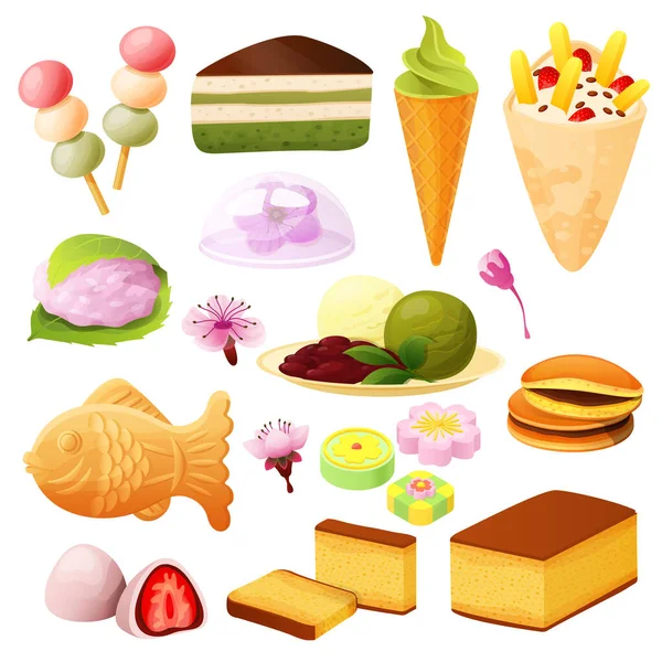 Japanse dessertcollectie, geïsoleerd op wit, Aziatisch menu, vectorillustratie — Stockvector