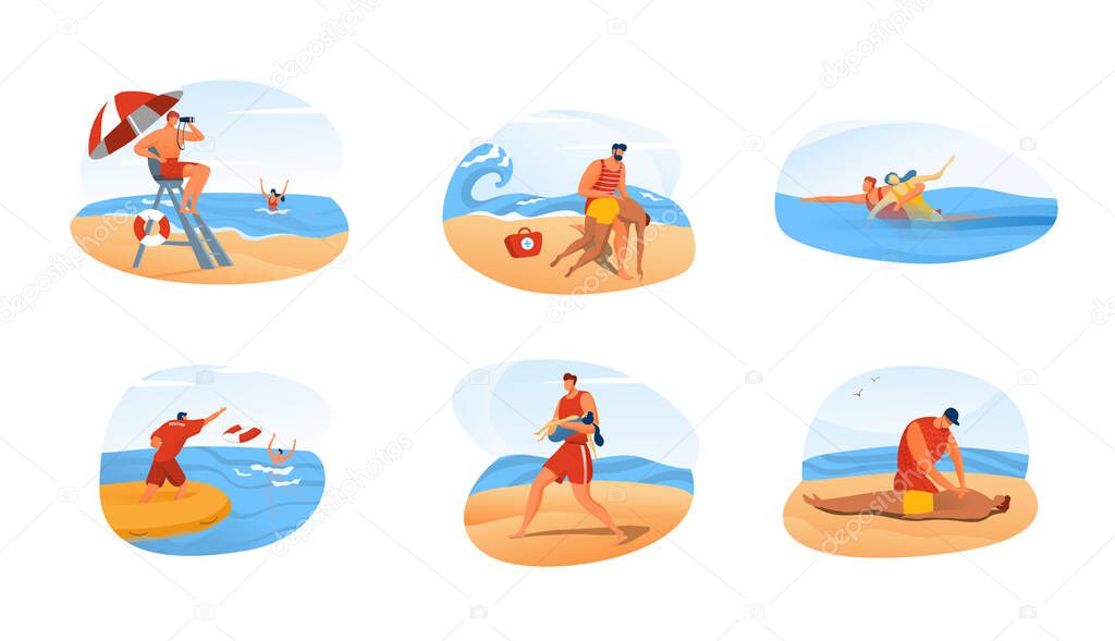 Lifeguard man rescue people, ocean beach emergency situation set, vector illustration